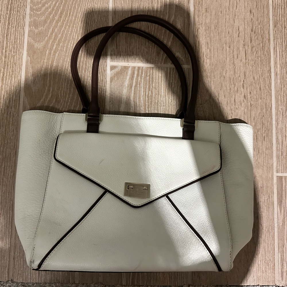 White Leather Tote Bag with Brown Handles